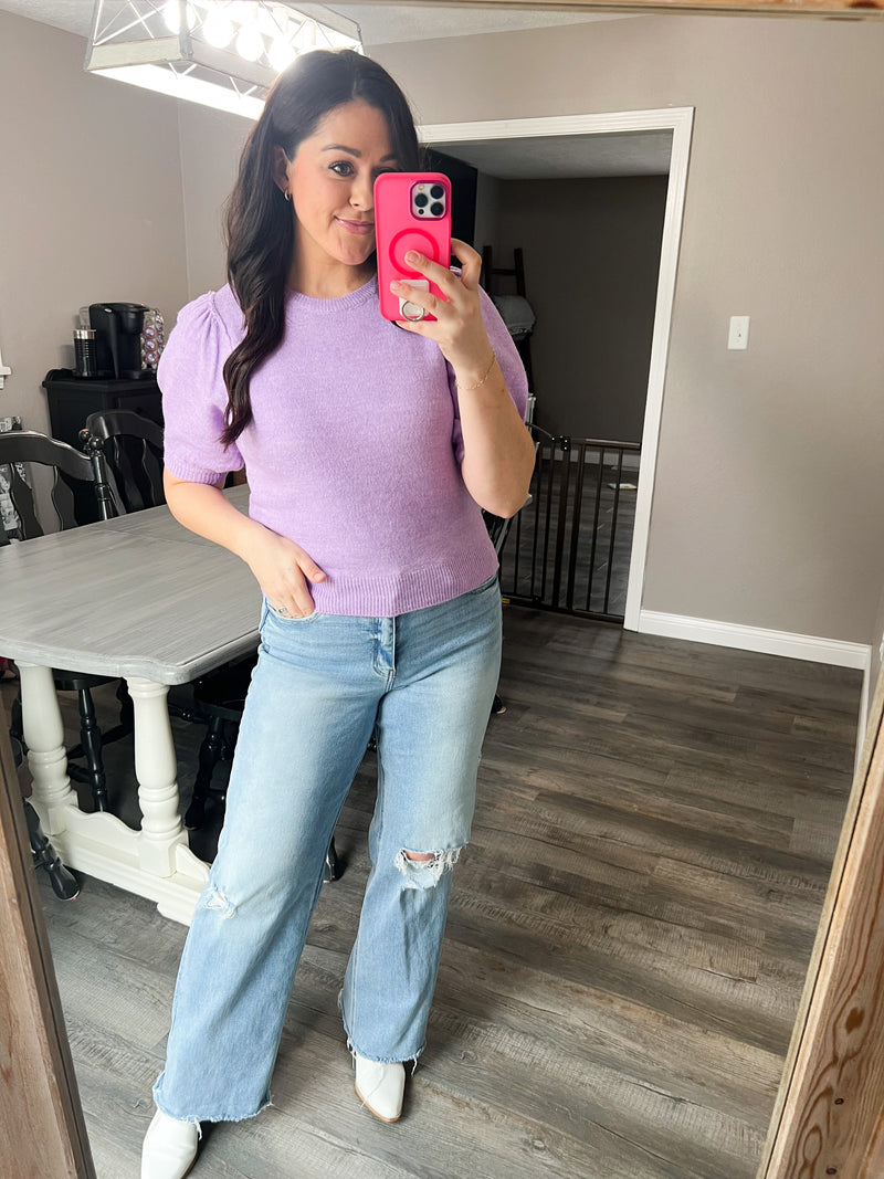 Lavender Puff Sleeve Sweater Top