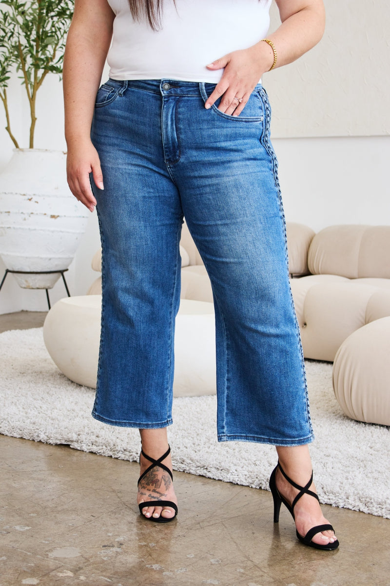 Judy Blue Full Size Braid Side Detail Wide Leg Jeans ONLINE EXCLUSIVE