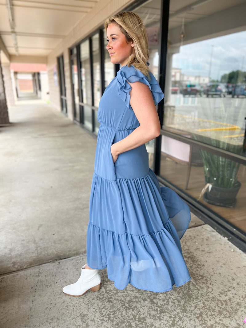 Denim Blue Mock Neck Midi Dress