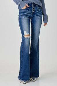 RISEN Distressed Button-Fly Flare Jeans ONLINE EXCLUSIVE