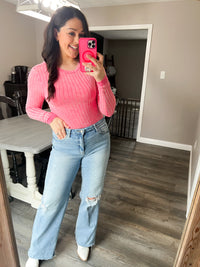 Pink Dreamy Ribbed Long Sleeve Top