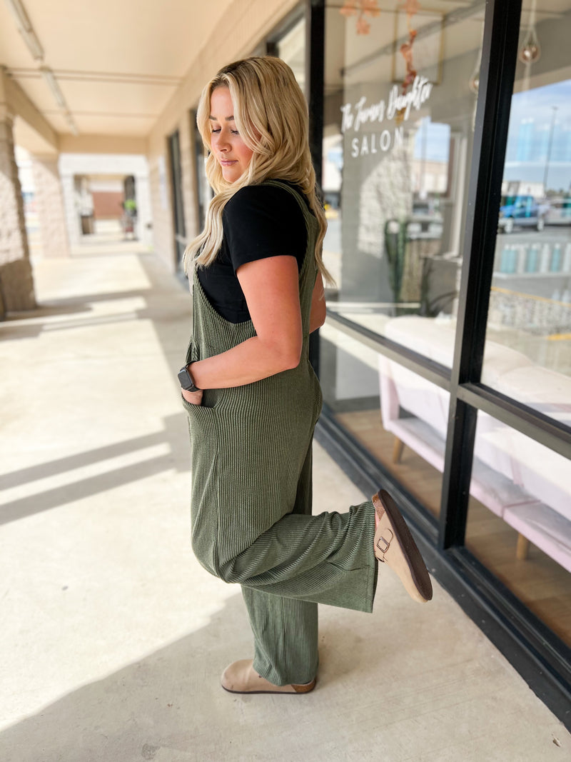 Olive Karli Ribbed Overalls