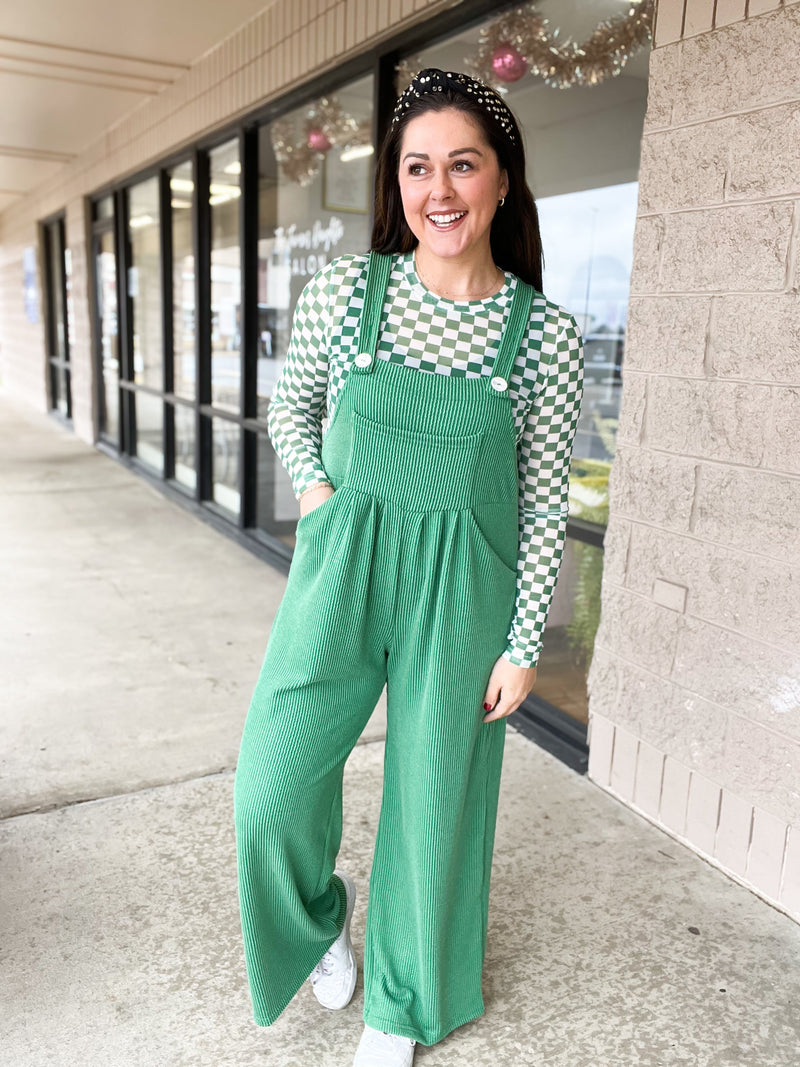 Green Checker Mesh Long Sleeve Top