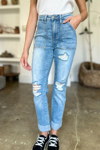 Judy Blue Distressed Straight Jeans with Patch Pockets ONLINE EXCLUSIVE