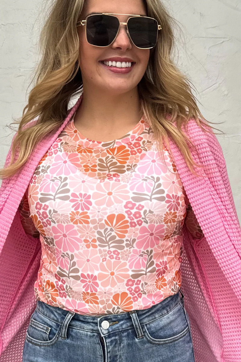 Pink Retro Floral Mesh Long Sleeve Top | PRE ORDER Arrives Early March