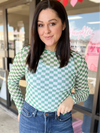 Green Checker Mesh Long Sleeve Top