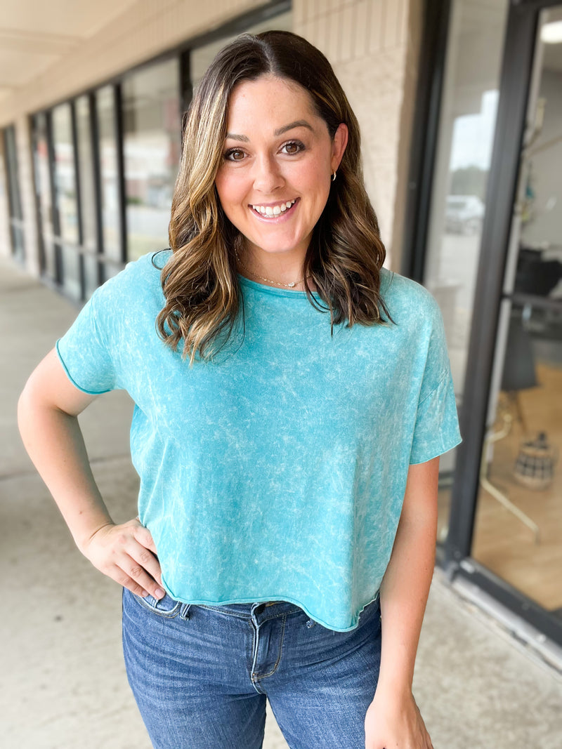 Teal Acid Wash Semi Cropped Top