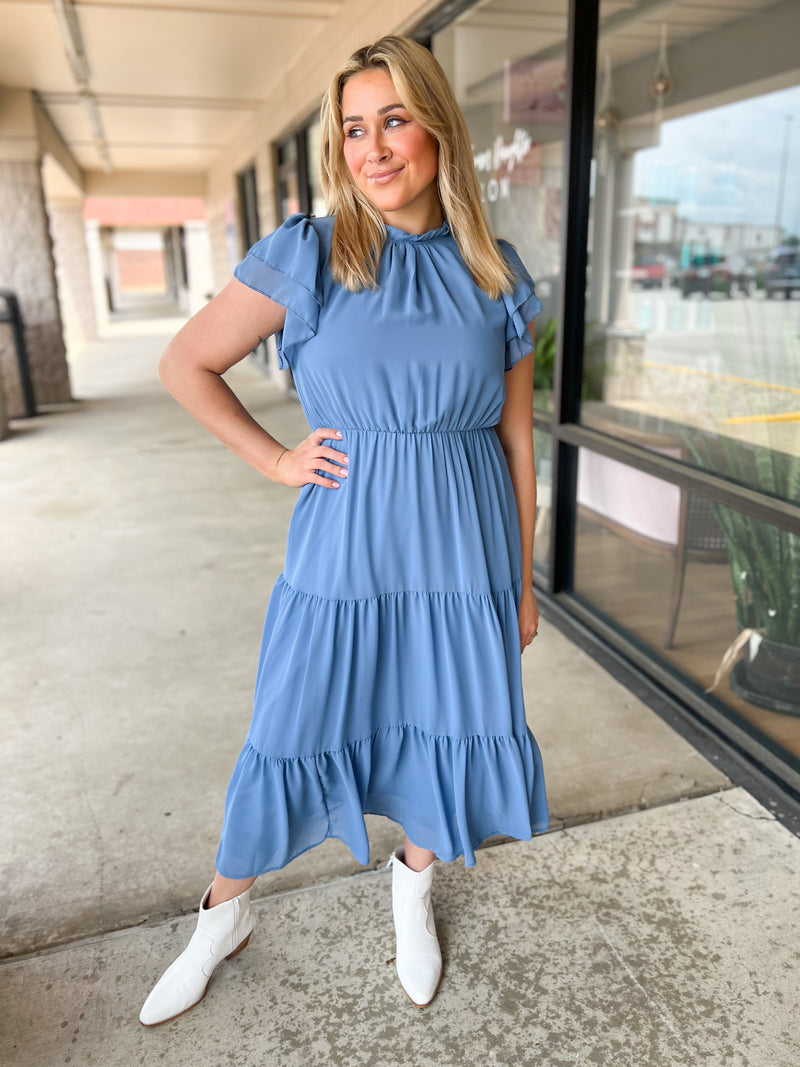 Denim Blue Mock Neck Midi Dress