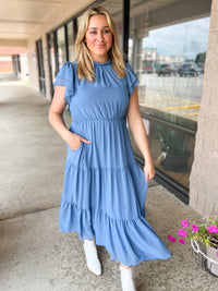 Denim Blue Mock Neck Midi Dress