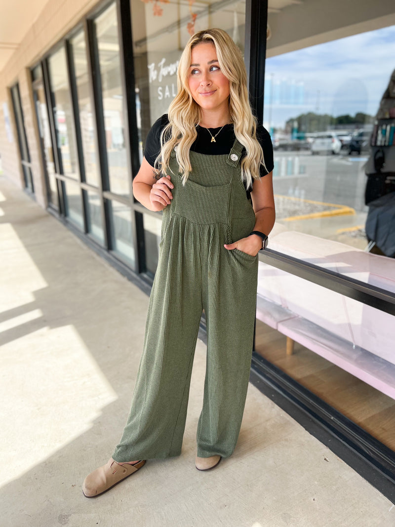 Olive Karli Ribbed Overalls