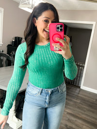 Green Dreamy Ribbed Long Sleeve Top