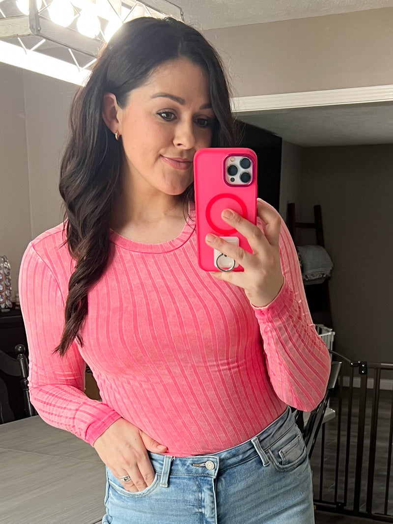 Pink Dreamy Ribbed Long Sleeve Top