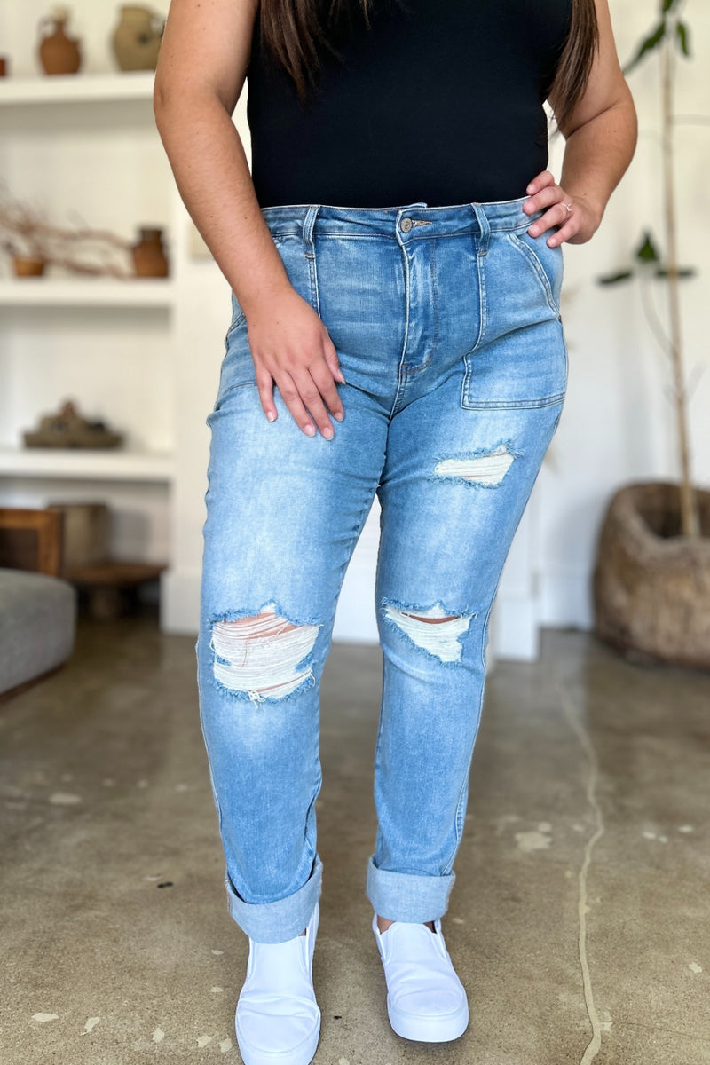 Judy Blue Distressed Straight Jeans with Patch Pockets ONLINE EXCLUSIVE